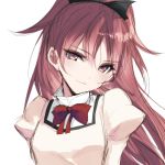  1girl absurdres arms_behind_back black_ribbon blush hair_ribbon highres long_hair mahou_shoujo_madoka_magica misteor pink_eyes pink_hair ponytail ribbon sakura_kyouko sketch solo upper_body white_background 