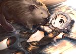  1girl :o animal antenna_hair bare_shoulders beaver beaver_ears beaver_tail bike_shorts bikini_top black_bra bra breasts buck_teeth cleavage elbow_gloves fur_collar gloves gradient grey_eyes grey_hair hair_ornament hairclip indoors jacket kaida_michi kemono_friends looking_at_another lying medium_breasts midriff navel north_american_beaver_(kemono_friends) on_back open_clothes open_mouth partially_submerged shorts sleeveless solid_circle_eyes teeth torn_clothes underwear water wooden_floor wooden_wall 