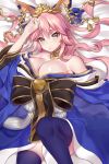  1girl animal_ears bare_shoulders blue_legwear bow breasts cleavage fate/extra fate_(series) fox_ears fox_tail hair_bow hair_ornament highres japanese_clothes large_breasts long_hair looking_at_viewer off_shoulder on_bed open_mouth pink_hair roro_(shisi4656) tail tamamo_(fate)_(all) tamamo_no_mae_(fate) thigh-highs thighs wide_sleeves yellow_eyes 