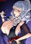  breasts carmilla_(fate/grand_order) choker cleavage erect_nipples fate/grand_order fate_(series) hand_on_hip highres huge_breasts kloah long_hair looking_at_viewer ponytail sideboob silver_hair solo sunglasses sunglasses_removed yellow_eyes 