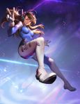 1girl ;) abstract_background animal_print artist_name bangs bodysuit breasts brown_eyes brown_hair bunny_print caesty chromatic_aberration clothes_writing d.va_(overwatch) facepaint facial_mark foreshortening full_body gloves headphones high_collar long_hair looking_at_viewer medium_breasts one_eye_closed overwatch pilot_suit purple_background ribbed_bodysuit shoulder_pads signature skin_tight smile solo swept_bangs v watermark web_address whisker_markings white_gloves 