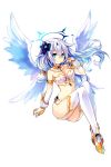  1girl angel_wings aqua_eyes bare_shoulders black_heart breasts choujigen_game_neptune cleavage collar elbow_gloves flower four_goddesses_online:_cyber_dimension_neptune gloves hair_flower hair_ornament halo highres jewelry long_hair looking_at_viewer medium_breasts midriff navel neptune_(series) noire official_art power_symbol simple_background smile solo thigh-highs tsunako white_background white_hair wings 