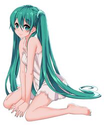  1girl aqua_eyes aqua_hair deyezi full_body hatsune_miku highres long_hair looking_at_viewer nail_polish simple_background sitting smile solo toenail_polish twintails very_long_hair vocaloid wariza white_background 