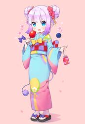  1girl :o adapted_costume alternate_costume ayami_(annahibi) blue_eyes bow candy_apple cherry_blossoms double_bun dragon_girl flower food full_body geta hair_ornament heart_in_eye japanese_clothes kanna_kamui kimono kobayashi-san_chi_no_maidragon obi omamori purple_hair ribbon sash solo standing tabi tail wide_sleeves 