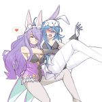  2girls animal_ears blue_hair blush breasts bunnysuit camilla_(fire_emblem_if) cleavage closed_eyes fire_emblem fire_emblem:_kakusei fire_emblem_heroes fire_emblem_if hair_over_one_eye large_breasts long_hair lucina multiple_girls navel open_mouth pantyhose purple_hair rabbit_ears smile white_background wrestling 