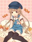  :3 absurdres black_legwear blue_hat blush brown_hair buttons candy eyebrows_visible_through_hair food hat highres long_hair looking_at_viewer open_mouth orange_eyes original overalls pantyhose sencha_(senta_10) sheep smile thigh-highs twintails v wristband 
