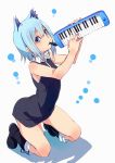  1girl animal_ears bare_arms bare_shoulders black_dress blue_eyes blue_hair boots cat_ears dress fu-ta hair_between_eyes instrument kneeling looking_at_viewer melodica mouth_hold music nanami_ao playing_instrument short_hair simple_background solo white_background yozakura_quartet 