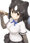  &gt;:( 1girl animal_ears bear_ears bear_paw_hammer blue_bow blue_bowtie blush bow bowtie breasts brown_bear_(kemono_friends) brown_eyes brown_hair cccpo closed_mouth commentary_request elbow_gloves from_above frown gloves kemono_friends large_breasts looking_at_viewer looking_up pleated_skirt shirt short_hair skirt solo upper_body weapon white_shirt 