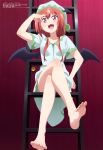  1girl absurdres barefoot bat_wings fang feet gabriel_dropout hat highres kurumizawa_satanichia_mcdowell ladder legs_crossed low_twintails megami nightcap official_art pajamas redhead soles solo toes twintails violet_eyes watanabe_mai wings 