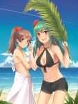  2girls absurdres bikini bikini_top black_bikini black_bikini_top blush breasts brown_eyes brown_hair cleavage eyebrows_visible_through_hair flower green_eyes green_hair hair_flower hair_ornament hairclip highres kantai_collection kumano_(kantai_collection) large_breasts long_hair looking_at_viewer multiple_girls navel open_mouth palm_branch ponytail skyregalias smile suzuya_(kantai_collection) swimsuit swimwear v white_bikini white_bikini_top 