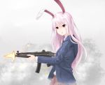  1girl animal_ears blazer brown_skirt firing fog gun hair_between_eyes highres holding holding_gun holding_weapon jacket long_hair long_sleeves looking_away parted_lips rabbit_ears red_eyes reisen_udongein_inaba rifle shell_casing skirt solo submachine_gun surota touhou upper_body weapon 