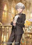  1girl bangs baudelaire_(qurare) black_suit blue_eyes bow bowtie flower formal ice_(ice_aptx) indoors looking_at_viewer qurare_magic_library sash short_hair silver_hair solo suit vase window 