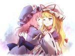  2girls blonde_hair closed_eyes hand_holding hand_on_another&#039;s_shoulder hat hat_ribbon hug japanese_clothes kimono long_hair looking_at_another minust mob_cap multiple_girls obi one_eye_closed pink_hair puffy_short_sleeves puffy_sleeves ribbon ribbon-trimmed_sleeves ribbon_trim saigyouji_yuyuko sash short_hair short_sleeves sketch smile touhou triangular_headpiece violet_eyes wide_sleeves yakumo_yukari yuri 