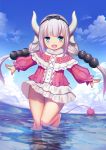  1girl :d barefoot beads blue_eyes blush capelet center_frills clouds day dragon_girl dragon_horns dragon_tail full_body hair_beads hair_ornament horns kanna_kamui kobayashi-san_chi_no_maidragon lavender_hair leg_up long_sleeves looking_at_viewer low_twintails open_mouth outdoors outstretched_arms partially_submerged reflection sannye shirt skirt sky smile solo spread_arms standing standing_on_one_leg tail twintails water white_skirt 