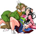  2girls black_hair blue_skirt blush brown_hair collar daikoukai_jidai_iv dress emil_(fafa) eye_contact frilled_collar frills green_dress green_eyes hat headband holding_hand holding_head japanese_clothes legs_apart long_hair looking_at_another multiple_girls open_mouth short_hair sitting skirt socks sweatdrop wide_sleeves yin_yang yuri 