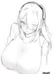 1girl blush breasts emperor_penguin_(kemono_friends) greyscale hair_over_one_eye headphones highres huge_breasts kemono_friends leotard long_hair looking_at_viewer monochrome slept_(re_mix) 