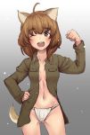  1girl ahoge animal_ears blush breasts brown_eyes brown_hair dog_ears dog_tail fundoshi gluteal_fold grey_background groin hand_on_hip highres inufusa_yuno japanese_clothes liar_lawyer looking_at_viewer midriff military military_uniform navel one_eye_closed open_clothes open_mouth open_shirt shirt short_hair simple_background sketch smile solo strike_witches tail uniform world_witches_series 
