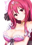  1girl black_bow blush bow breasts cattleya_(flower_knight_girl) choker cleavage closed_mouth collarbone flower_knight_girl frills gloves hair_ribbon highres large_breasts long_hair looking_at_viewer mito_yoshihiro red_eyes redhead ribbon smile solo tiara upper_body white_background white_gloves yellow_choker 