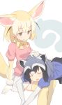 :3 animal_ears blonde_hair blush bow bowtie breast_pocket brown_eyes closed_eyes coupon_(skyth) eyebrows_visible_through_hair fennec_(kemono_friends) fox_ears fox_tail gloves gradient_hair grey_hair half-closed_eyes kemono_friends lap_pillow lying multicolored_hair on_lap on_stomach open_mouth petting pleated_skirt pocket puffy_short_sleeves puffy_sleeves raccoon_(kemono_friends) raccoon_ears raccoon_tail short_hair short_sleeves simple_background sitting skirt sleeping smile tail thigh-highs wavy_mouth white_background 