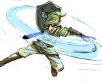  1boy blonde_hair blue_eyes boots brown_boots link male_focus master_sword motion_lines open_mouth pointy_ears sheath shield solo swinging the_legend_of_zelda tunic tyson_hesse 