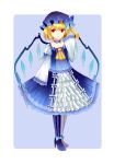  &gt;:d 1girl :d alternate_color arms_at_sides ascot asymmetrical_clothes bangs blonde_hair blue_bow blue_dress bow commentary_request crystal dress eyebrows_visible_through_hair fangs flandre_scarlet frilled_sleeves frills full_body hat hat_bow high_heels long_sleeves looking_at_viewer mob_cap open_mouth red_eyes sakipsakip side_ponytail skirt skirt_set smile solo standing touhou wide_sleeves wings 