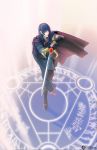  1boy armor blue_eyes blue_hair cape falchion_(fire_emblem) fire_emblem fire_emblem:_mystery_of_the_emblem full_body gloves jisuart looking_at_viewer male_focus marth short_hair sword tiara weapon 