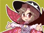  1girl blush bow brown_eyes brown_hair cape glasses hat hat_bow juliet_sleeves long_sleeves maru_rx outstretched_arms plaid plaid_vest puffy_sleeves shirt touhou usami_sumireko vest white_shirt 