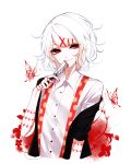  1boy absurdres blood blood_stain cardigan closed_mouth dress_shirt hair_ornament hairclip highres holding holding_knife knife looking_at_viewer off_shoulder open_cardigan open_clothes red_eyes sheya shirt short_hair smile solo stitches suzuya_juuzou tokyo_ghoul upper_body white_hair white_shirt 