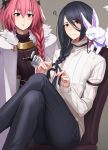 2boys ? black_hair blush braid braiding_hair caster_(fate/prototype_fragments) denim fate/apocrypha fate/grand_order fate/prototype fate/prototype:_fragments_of_blue_and_silver fate_(series) fou_(fate/grand_order) hair_between_eyes hair_ornament hair_ribbon hairclip hairdressing jeans legs_crossed long_hair long_sleeves male_focus multiple_boys on_shoulder otoko_no_ko pants pink_eyes pink_hair ribbed_sweater ribbon rider_of_black shijiu_(adamhutt) single_braid sitting sweater yellow_eyes 
