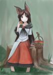  1girl :t animal_ears apple barefoot basket blush breasts brooch brown_hair collarbone dress eating food forest fruit imaizumi_kagerou jewelry long_hair long_sleeves looking_at_viewer medium_breasts nature nut_(food) outdoors red_eyes sitting solo squirrel touhou wolf_ears 
