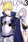  1boy 1girl ahoge armor blonde_hair breasts closed_eyes fate/grand_order fate/prototype fate_(series) genderswap genderswap_(mtf) green_eyes hood hooded_robe looking_at_viewer merlin_(fate/stay_night) saber_(fate/prototype) shijiu_(adamhutt) short_hair smile white_hair 