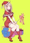  1girl ahoge akamatsu_kaede alternate_costume bangs beamed_quavers blonde_hair blush boots bow box breasts capelet cleavage closed_mouth dangan_ronpa dress full_body fur_trim gift gift_box hat knee_boots long_hair musical_note musical_note_hair_ornament new_dangan_ronpa_v3 pink_bow red_boots red_dress santa_boots santa_costume santa_hat sitting smile solo star wand yellow_background zuizi 