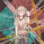  1girl green_eyes green_hair hand_in_pocket handcuffs hatsune_miku mask police_tape solo tagme vocaloid 