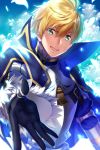  1boy ahoge armor bangs blonde_hair breastplate fate/prototype fate_(series) green_eyes hair_between_eyes highres looking_at_viewer male_focus open_mouth outstretched_hand pantsu_(lootttyyyy) saber_(fate/prototype) smile solo teeth upper_body 