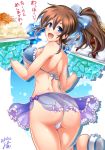  1girl ass bikini blue_eyes blush breasts brown_hair food from_behind idolmaster idolmaster_million_live! large_breasts long_hair looking_back open_mouth pom_poms ponytail satake_minako smile solo swimsuit translation_request tray yokoyama_naoki 