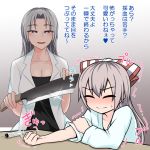  2girls alternate_costume blue_eyes bow breasts butcher_knife cleavage closed_eyes closed_mouth collarbone fujiwara_no_mokou glint hair_bow holding holding_knife knife kuroba_rapid long_hair looking_at_another multiple_girls parted_lips short_sleeves silver_hair smile syringe touhou translation_request trembling yagokoro_eirin younger 