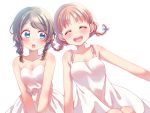  2girls :o ^_^ alternate_hairstyle bangs blue_bow blush bow braid breasts cleavage closed_eyes commentary_request dress facing_viewer hair_bow highres hina_(hinalovesugita) looking_at_another love_live! love_live!_sunshine!! multiple_girls orange_bow orange_hair simple_background smile strapless strapless_dress sundress takami_chika twin_braids watanabe_you white_background white_dress 