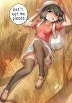  1girl 2017 alternate_legwear asdj backpack bag black_eyes black_hair breasts covered_nipples english grass hat hat_feather highres kaban kemono_friends lying on_back open_mouth shorts signature small_breasts solo sweat tears thigh-highs 