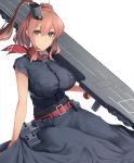  1girl absurdres belt belt_buckle black_dress breasts brown_hair buckle dress enosan eyebrows_visible_through_hair flight_deck grey_eyes hair_between_eyes highres holding kantai_collection large_breasts long_hair looking_at_viewer machinery neckerchief ponytail red_belt red_neckerchief remodel_(kantai_collection) revision saratoga_(kantai_collection) scarf side_ponytail simple_background smile smokestack solo turret white_background 