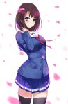  1girl black_legwear blush breasts brown_eyes brown_hair cherry_blossoms cowboy_shot highres katou_megumi looking_at_viewer saenai_heroine_no_sodatekata school_uniform short_hair smile solo thigh-highs wujia_xiaozi zettai_ryouiki 