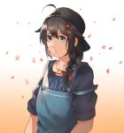  1girl absurdres ahoge alternate_costume backwards_hat black_hair black_hat black_shirt bow bubble_blowing chewing_gum eyebrows_visible_through_hair food hair_bow hair_ornament hat highres jewelry kantai_collection looking_at_viewer necklace orange_background overalls petals red_bow shigure_(kantai_collection) shirt skyregalias solo 