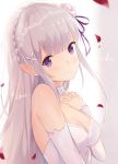  bare_shoulders blush dress emilia_(re:zero) grey_hair long_hair purple_eyes re:zero_kara_hajimeru_isekai_seikatsu smile 