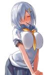  1girl arms_at_sides between_breasts breast_press breasts closed_eyes closed_mouth cowboy_shot eyebrows_visible_through_hair food hair_ornament hair_over_one_eye hairclip hamakaze_(kantai_collection) kantai_collection large_breasts mouth_hold neckerchief own_hands_together pocky school_uniform serafuku short_hair silver_hair simple_background skirt solo v_arms white_background yellow_neckerchief yostxxx 