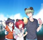  1girl 2boys ^_^ alternate_costume amami_rantarou animal_ears arms_behind_head bag blue_shirt blue_sky blush closed_eyes closed_mouth clouds cloudy_sky dangan_ronpa dress food green_eyes green_hair grin hair_ornament hairclip holding holding_food ice_cream jewelry monokuma monomi_(dangan_ronpa) mouse_ears multiple_boys necklace new_dangan_ronpa_v3 objectification ouma_kokichi pink_ribbon redhead ribbon scarf shirt short_hair short_sleeves sky smile striped striped_shirt white_scarf yumeno_himiko zuizi 