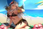  1girl armlet beach beach_umbrella bracelet braid dark_valkyrie_(p&amp;d) dean hair_ornament highres jewelry looking_at_viewer navel puzzle_&amp;_dragons red_eyes revision silver_hair single_braid solo towel umbrella valkyrie_(p&amp;d) water 