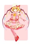  &gt;:d 1girl :d alternate_color alternate_costume arms_at_sides ascot bangs blonde_hair bow commentary_request crystal dress elbow_gloves eyebrows_visible_through_hair flandre_scarlet food_print frilled_dress frills full_body gloves hat hat_bow high_heels looking_at_viewer mob_cap open_mouth pink_dress pink_gloves pink_legwear print_dress puffy_short_sleeves puffy_sleeves red_bow red_eyes sakipsakip short_sleeves side_ponytail skirt skirt_set smile solo standing strawberry_print touhou wings 
