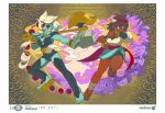  2girls ajna_(indivisible) alex_ahad axe beads blue_skin bracelet brown_hair dark_skin dual_persona heruka_(indivisible) indivisible jewelry multiple_girls official_art red_eyes sandals sash short_shorts shorts silver_hair smoke thigh-highs third_eye toes weapon 