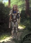  armor armored_boots blonde_hair blue_eyes blue_sky book boots borrowed_character breastplate clouds elf expressionless eyebrows forest gauntlets grass hand_in_hair highres i0525 leaf light_blush long_hair nature path pointy_ears road shade shoulder_armor sky standing sunlight tree 