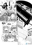  1boy 1girl =_= apron braid chinese comic crossdressinging debris detached_sleeves dress falling fence grand_piano grass greyscale hair_ribbon house instrument madjian midriff monochrome no_mouth original piano pillar pointy_ears ribbon short_hair short_twintails stairs translation_request trap twintails watermark 