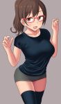  1girl breasts brown_hair glasses high_ponytail large_breasts long_hair neri_sachiko open_mouth original red-framed_eyewear shirt simple_background solo taut_clothes taut_shirt thigh-highs w_arms 